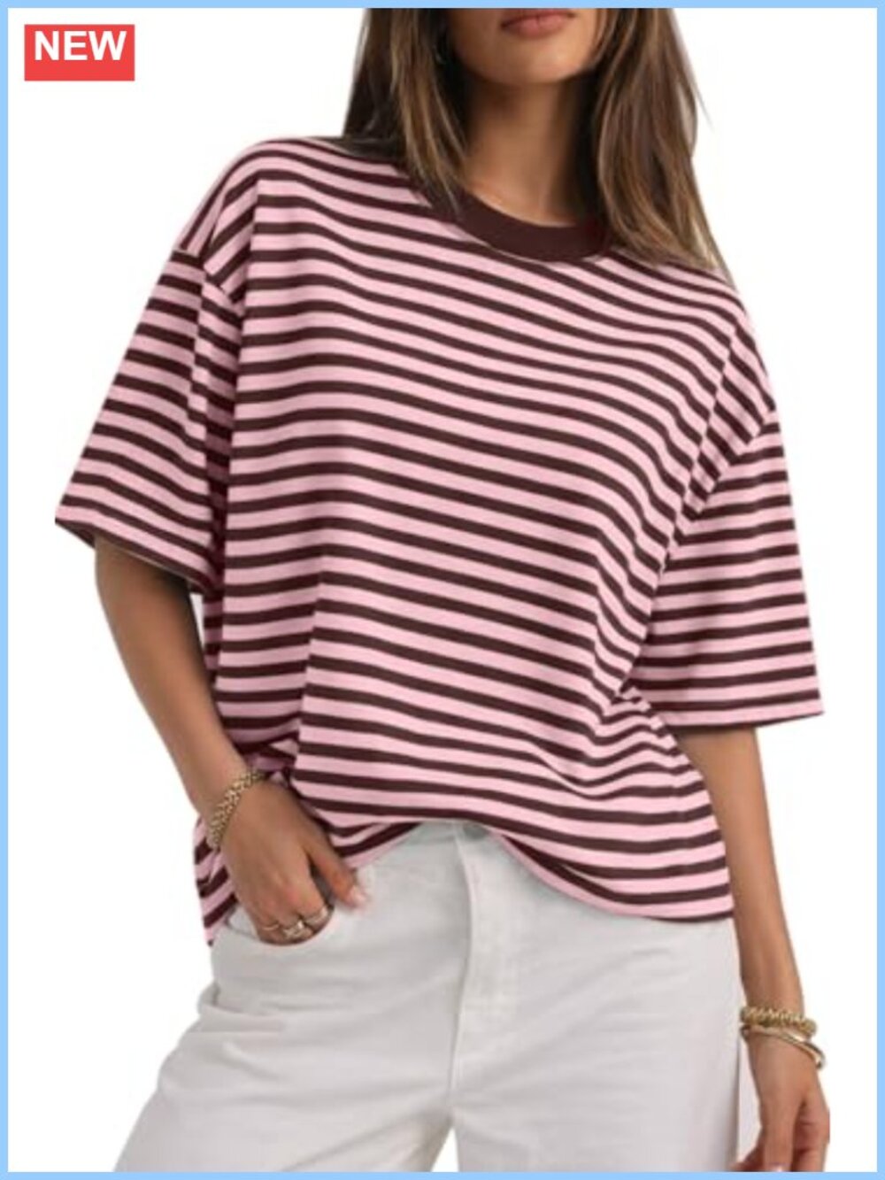 Oversized Striped Cotton Blend Crewneck T-Shirt Short Sleeve Y2K Casual Summer